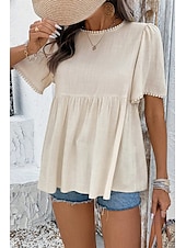 preiswerte Hemden-Damen Leinen-inspirierte Hemden Bluse Einfach Modern Lässig Kurzarm Rundhalsausschnitt Normale Oberteile Täglich Ferien Ausgehen Gerafft Aprikose Sommer