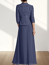economico Lunghezza del pavimento-Due Pezzi Linea ad A Abito da cerimonia per signora Ospite di nozze Elegante Collo quadrato Lunghezza al pavimento Chiffon Pizzo Manica 3/4 con Pizzo 2025