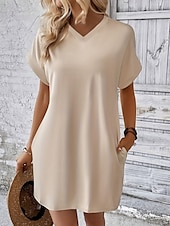 preiswerte Weißes Kleid-Damen Mini Kleid T-Shirt Kleid Tee Kleid einfarbig Sommer Kleid lässig täglich reguläre Passform Grafik Kurzarm V-Ausschnitt Schwarz Rot Olivgrün Aprikose Sommer