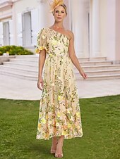 preiswerte Bodenlänge-Blumengesticktes A-Linie Kleid Mutter der Braut Kleid Elegant Vintage Ein-Schulter Knöchellang Tüll Kurzarm mit Blume Hochzeitsgastkleid