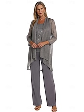 economico Tailleur pantalone della mamma-Completo pantalone 3 pezzi per la madre della sposa, elegante, con scollo rotondo, lunghezza pavimento, in chiffon, maniche lunghe, con volant a cascata in pizzo, arricciato, 2025