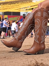 ieftine Cizme Cowboy &amp; Western-cizme de cowboy occidentale de damă cu design brodat – cizme elegante maro cu toc bloc pentru festivaluri de muzică, îmbrăcăminte casual și evenimente în aer liber