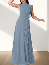 baratos Vestidos para Madrinhas-Vestido de dama de honra em corte A, decote redondo, sem mangas, elegante, longo, chiffon com babados / franzido 2025