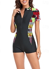 abordables Maillots de bain une pièce-Femmes Maillots de Bain Une Pièce Maillot de bain Zip Up Patchwork Tropical Tenues de plage Fleur Col rond Manches courtes Maillots de bain
