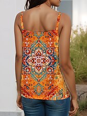 billige Boho tank topp-Dame Camisole Tank Top Grafisk Geometrisk Fritid Ermeløs Med stropper Vanlige topper Daglig Åpen rygg Lapper Trykt mønster Gul Rød Oransje Sommer Vår