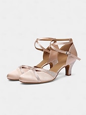 abordables Chaussures de danses latines-Chaussures de danse en satin champagne pour femmes avec talons en strass – élégantes chaussures de salon fermées pour mariage et valse
