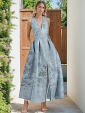 cheap Cocktail Dresses-Floral Brocade Jacquard Cocktail Dresses Elegant Dress Formal Semi Forml Wedding Ankle Length Sleeveless V Neck with Slit