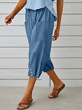 cheap Plain Cotton Linen Pant-Women&#039;s Capri Pants Solid Color Chinos Fashion Ethnic Style Basic Calf-Length High Waist Plain Pocket Drawstring Comfort Outdoor Micro-elastic Vacation Street Daily Black White Khaki Light Blue