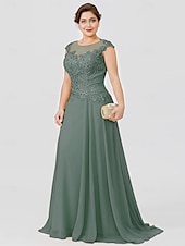 preiswerte Bodenlänge-A-Linie Mutter der Braut Kleid Hochzeitsgast Elegant Plus Size Illusionshals Sweep  Brush Zug Chiffon Perlenbesetzte Spitze Kurze Ärmel ohne Schleife(n) Falten 2025 kostenlose Maßanfertigung