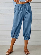 cheap Plain Cotton Linen Pant-Women&#039;s Capri Pants Solid Color Chinos Fashion Ethnic Style Basic Calf-Length High Waist Plain Pocket Drawstring Comfort Outdoor Micro-elastic Vacation Street Daily Black White Khaki Light Blue