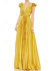 baratos Rosa-Vestido rosa choque, corte A, vestido de noite, vestido plissado, formal, casamento, comprimento até o chão, sem mangas, decote profundo, cetim com babados, 2025