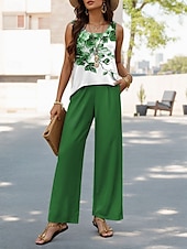 cheap Two Piece Sets-Women&#039;s Pants Sets Vacation Daily  Sleeveless U Neck Floral Graphic Casual Daily Blue Purple Green Summer Regular Fit