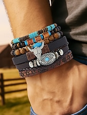 abordables Bijoux pour hommes-Bracelet western en cuir pour homme avec perles et pierres turquoises, motif crâne de vache, style bohème pour un usage décontracté et en extérieur