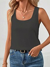 cheap White tee-Women&#039;s Tank Top Tee Top Plain Fashion Modern Sleeveless Square Neck Regular Tops Daily Beach Wear Black White Gray Summer