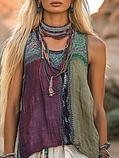 preiswerte Boho Tops-Damen Westernbluse Boho-Hemd Bluse Farbblock Blume Lässig Boho Ärmellos V Ausschnitt Normale Oberteile Täglich Ferien Patchwork Druck Wein Blau Purpur Fuchsie Grün Sommer