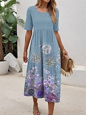 tanie Sukienki boho-Damskie Sukienka mini Sukienka t-shirtowa Sukienka A line Letnie sukienki Urlop Codzienny Codzienny Regularny Kwiaty Graficzny Krótki rękaw Półgolf Niebieski Fioletowy Zielony Lato