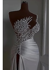 preiswerte WEISS-Meerjungfrau  Trompeten Abendkleid Elegantes Kleid Karneval Maskerade Bodenlänglich Ärmellos Schulterfrei Satin mit Perlen Überrock