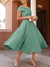 abordables Robes de cocktail-Robes de cocktail en A mariage à la plage robe élégante longueur thé sans manches épaule dénudée invité d&#039;automne tissu extensible avec fente froncée robes Derby 2025