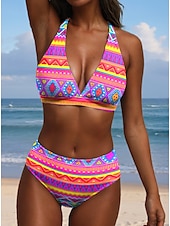 abordables Ensemble de bikinis-Bikini 2 pièces pour femmes maillot de bain sexy rétro à enfiler graphique géométrique fil en V maillots de bain sans manches