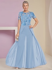 cheap Mom&#039;s Jumpsuits-Blue Jumpsuit / Pantsuit Satin Floral Lace Mother of the Bride Pantsuit Elegant Simple Minimalist Crew Neck Floor Length Chiffon Lace Short Sleeve