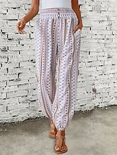 preiswerte weites Bein und hohe Taille-Damen Jogginghose Hosen Hose Urlaub Boho Volle Länge Mittlere Taille Geometrisch Elastischer Bund Atmungsaktiv Bequem Mikroelastisch Straße Alltagskleidung Ausgehen Dunkelbraun Weiß Rot Dunkelgrün