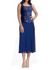 abordables Longueur du plancher-Ensembles de Robes Robe de Mère de Mariée  Élégant Simple Col carré Longueur thé Polyester Manche 3/4 avec Couleur Unie 2025