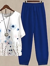preiswerte Blusenanzüge für Damen-Damen 2 Teile Basic Shirt Hosen Sets Kurzarm Halbarm Rundhals Blumen Grafik Pflanzenmuster Urlaub Wochenende Dunkelblau Sommer Lockerer Schnitt