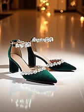 cheap Cocktail-Women&#039;s Green Velvet Block Heel Pumps with Rhinestone Ankle Straps for Weddings and Formal Events