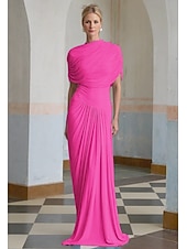 abordables BLEU-Robe de soirée colonne Bébé Robe élégante Robe formelle Invité de mariage Longueur sol Manches courtes Col haut Spandex avec châle drapé