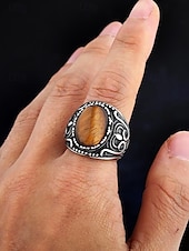abordables Bijoux pour hommes-Bague vintage en acier inoxydable pour homme avec pierre œil de tigre, design tribal en argent antique, bague audacieuse, adaptée aux occasions décontractées et formelles