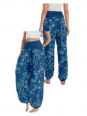 billiga Grafisk linnebyxa i bomull-Dam Linneinspirerade byxor Brett skaft Byxor Etnisk Stil Ledigt Boho Fullängd Hög midja Blommig Ficka Elastisk midja Tryck Mateial som andas Mjuk Microelastisk Utomhus Yoga Svart Rosa Marinblå Blå