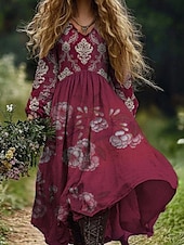 preiswerte Blumenkleid-Damen Maxikleid A Linie Kleid Sommerkleid Lässig Boho Täglich Normale Passform Blumen Grafik Paisley-Muster Langarm Einkerbiger Ausschnitt Wein Blau Purpur Fuchsie Sommer