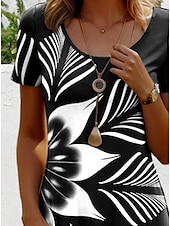 cheap Art&amp;Design Dress-Women&#039;s Mini Dress Casual Dress T Shirt Dress Tee Dress Sundress A Line Dress Stylish Casual Beach Regular Fit Floral Graphic Short Sleeve Crew Neck Scoop Neck Black And White Summer Spring