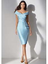 abordables Robes de cocktail-Robe de cocktail élégante en satin extensible jaune et vert, tenue de soirée formelle pour invités de mariage, longueur thé, manches courtes, épaules dénudées, avec fente, 2025