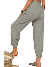 baratos Calça de linho de algodão simples-Mulheres Calças de linho de algodão Calças Roupa de rua Casual Comprimento total Natural Tecido Bolsos Cintura elástica Confortável Para Noite Final de semana Vinho Cinzento Preto Branco Verão Normal