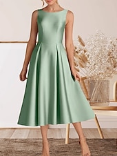 abordables Robes de cocktail-Robe cocktail A-Line élégante robe de retour à la maison cocktail party longueur thé sans manches col rond satin avec plis
