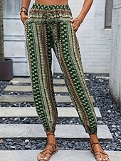preiswerte weites Bein und hohe Taille-Damen Jogginghose Hosen Hose Urlaub Boho Volle Länge Mittlere Taille Geometrisch Elastischer Bund Atmungsaktiv Bequem Mikroelastisch Straße Alltagskleidung Ausgehen Dunkelbraun Weiß Rot Dunkelgrün