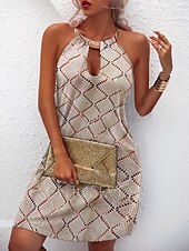 olcso Csíkos és geometrikus ruhák-Női Mini ruha A vonalú ruha Halter ruha Vállon kívüli ruha Szabadság Alkalmi Boho Szabadtéri Alkalmi Tengerpart Normál Grafika Ujjatlan Kötőfék nyaka Khakizöld Nyár