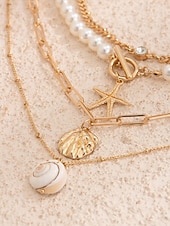 cheap Women&#039;s Necklace-Women&#039;s Boho Layered Shell and Bead Necklace Set – Beach-Style Turquoise Pendant and Gold Charms for Summer Vacations and Festivals