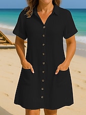 cheap Plain Dress-Women's Mini Dress Shirt Dress Winter Dress Casual Vacation Regular Fit Plain Short Sleeve V Neck Blue Black White Yellow Summer