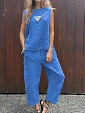 abordables Ensembles chemisiers pour femmes-Femmes Actif Chemisier Ensembles de Pantalons Sans manches Col ras du cou Couleur Unie Fête Week-end Noir Jaune Bleu Été Coupe régulière