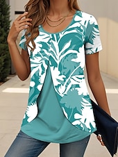 billige Blomster t-skjorte-Dame T skjorte Blomstret Grafisk Elegant Årgang trendy Kortermet Crew-hals Vanlige topper Daglig Ut på byen Lapper Knapper Lag-på-lag Blå Lilla Grønn Sommer Vår