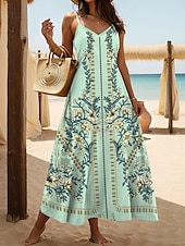 abordables Robes Boho-Femmes Robe maxi Robe trapèze Robe Nuisette Vacances Occasionnel Boho Sortir Plage Coupe régulière Fleuri Graphique Sans manches Col en V Noir Vert Été Printemps