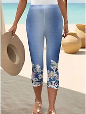 preiswerte Blaue 3D-Druck-Damen Leggings Capri Pants Hohe Elastizität Urlaub Vintage Mode Wade-lange Mittlere Taille Blumen Grafik Druck Atmungsaktiv Weich Dehnbar Urlaub Casual Täglich Robin&#039;s Egg Blau Sommer Frühling