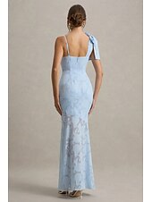 baratos AZUL-Vestido de noite estilo celebridade, sereia/trompete azul, renda floral queimada, comprimento até o chão, sem mangas, decote coração com laço(s), 2025