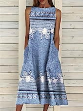 preiswerte Kunst &amp; Design Kleid-Damen Midikleid Sommerkleid A Linie Kleid Urlaub Lässig Cocktail Täglich Ferien Sommerkleid Normale Passform Grafik Geometrisch Ärmellos Rundhalsausschnitt Marineblau Königliches Blau Blau Himmelblau