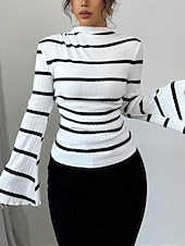 abordables T-shirt de boutique graphique-Femmes T-shirt Rayé Mode Moderne manche longue Col haut Hauts Réguliers Quotidien Sortir Noir Blanche Été Printemps