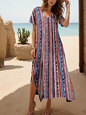 cheap Stripe&amp;Geometric Dress-Women&#039;s Maxi Dress T Shirt Dress Tee Dress Sundress Shift Dress Summer Dress Bohemia Holiday Regular Fit Graphic Stripe Abstract Short Sleeve Crew Neck Rainbow Summer Spring