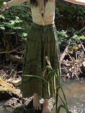 ieftine Fuste grafice-Pentru femei Fustă Boemia Boho Midi Talie Medie Fuste Floral Imprimeu Micro-elastic Stradă Ieșire Verde Vară Poliester
