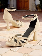cheap Heeled Sandals-Women's Nude Suede Strappy Heels – 1950s Elegant Ankle Strap Open Toe Sandals for Wedding, Party &amp; Summer Dressy Occasions